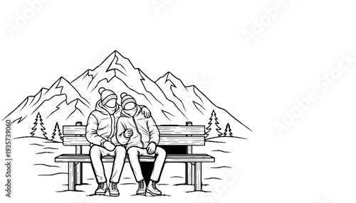 Couple sitting on a bench in winter, overlooking snowy mountains