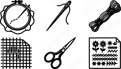 Line art vector embroidery icons hoop needle thread scissors cross stitch sampler fabric grid floss bundle for hand craft projects