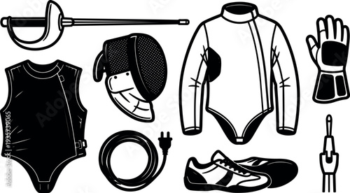 Line art vector detailed view of fencing equipment set with mask jacket glove sword shoe and electric cord studio