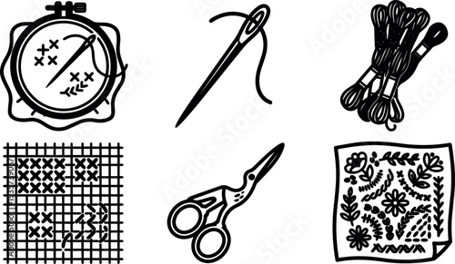 Line art close up embroidery tools hoop needle floss scissors cross stitch sampler top view black ink illustration hand drawn