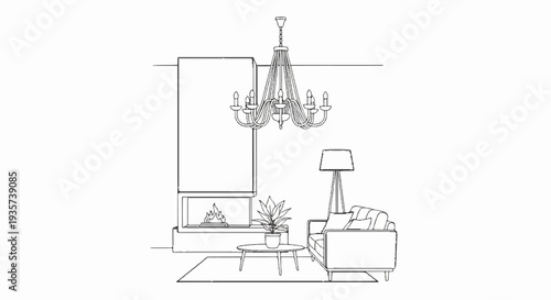 Cozy living room scene with fireplace, sofa, plants, and chandelier