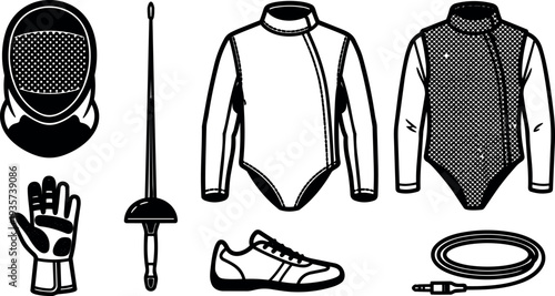 Line art fencing equipment set including mask glove epee jacket plastron shoe and body cord close up view minimal vector
