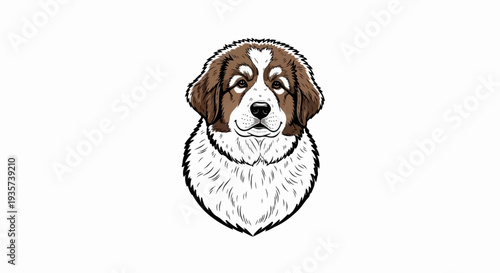 Head of a fluffy dog with brown and white fur, looking forward