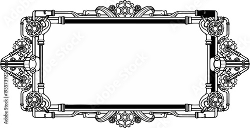 Intricate steampunk border frame with pipes, gears, and mechanical elements
