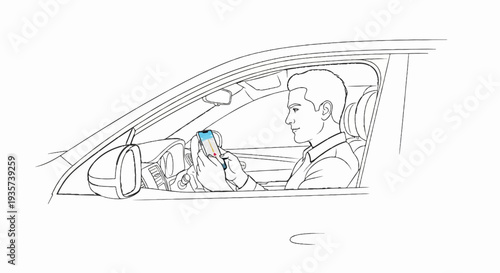 Man in car using phone with navigation