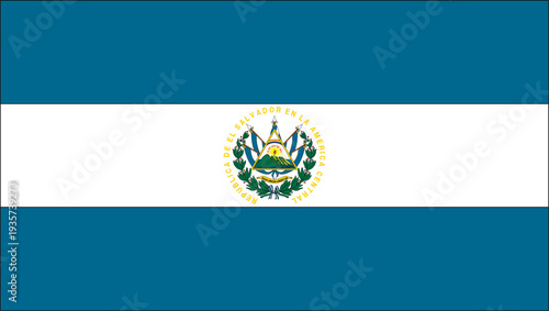 National flag of El Salvador with coat of arms, blue and white stripes.