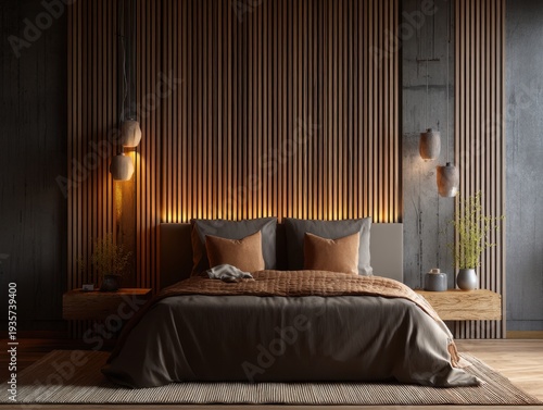 Cozy bedroom with warm wood paneling. Bed rests on textured rug with soft bedding. Modern lamps cast gentle, ambient glow. Minimalist decor includes small plants and wooden nightstands