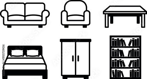 Flat line icon set showing sofa armchair table bed wardrobe bookshelf isolated on white background bold scalable vector for home