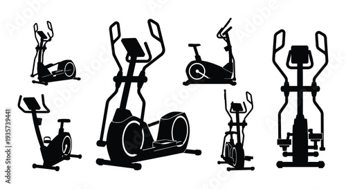 Four views of an exercise bike in black and white silhouette