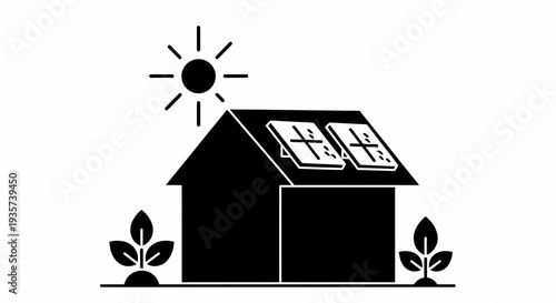 Simple black and white illustration of a house with solar panels on the roof.