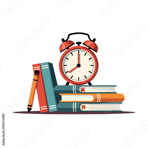 red alarm clock with books and pencil isolated on transparent background, with copy space, for education blogs, school websites and time management articles
