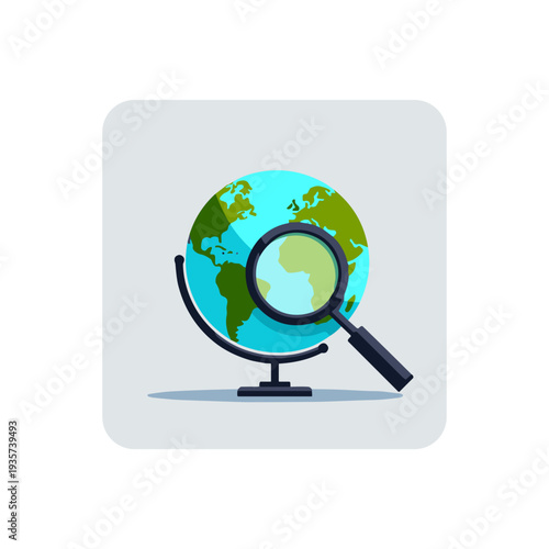 terrestrial globe with magnifying glass icon isolated on transparent background, with copy space, for geography education, travel blogs and global search websites