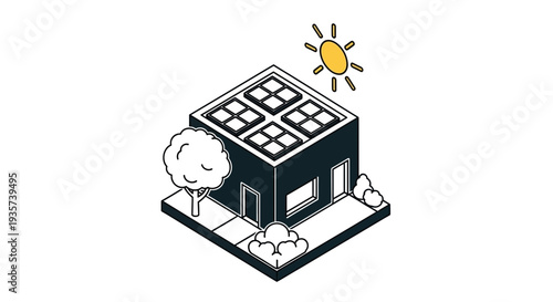 Simple house with solar panels on the roof and trees around.