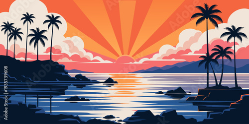 Hawaiian Sunset Over Calm Ocean – Pink‑Orange Gradient Sky, Ultra‑Wide Panoramic Flat Vector Scene, Serene Tropical Coastline, United States