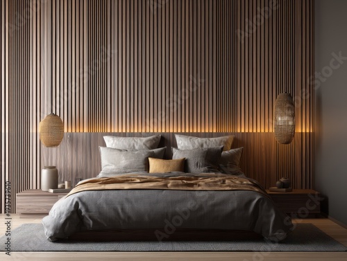 Modern bedroom with wooden slat walls. Soft lighting highlights the textured backdrop. Bed features layered gray pillows and cozy blankets. Rattan lamps add warmth beside the bed