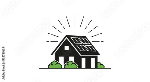 Simple black house with solar panels on the roof.