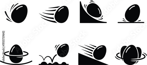 Dynamic black silhouette illustrations of bouncing and rolling eggs in various motions
