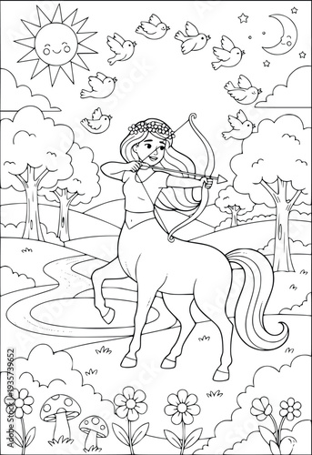 Mythology coloring page for kids shows a female centaur archer in the woods