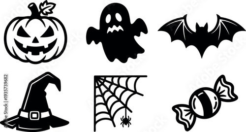 Flat design halloween icon set jack o lantern ghost bat witch hat spider web candy simple black silhouettes on white
