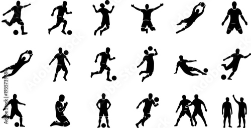 Footballer Action Icons Set, Soccer Player Silhouette Vectors, Professional Athlete Poses