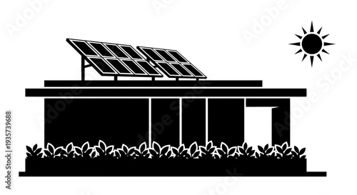 Modern house with solar panels on the roof under the sun.