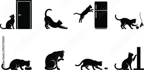 Illustration of playful cat actions around home environment in black silhouette style
