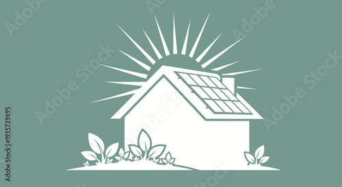 Eco-friendly house with solar panels and greenery.