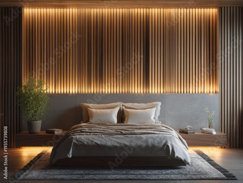 Modern bedroom with warm wooden slats and soft ambient lighting. Dark bedspread rests on low-profile platform bed. Plants add greenery beside sleek nightstands