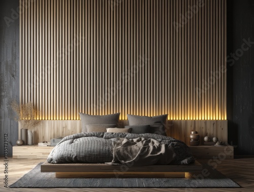 Modern bedroom features vertical wood paneling. Bed rests on minimalist platform with dark bedding. Warm backlighting highlights the textured wall design. Natural tones create a serene