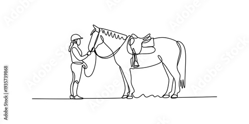 Continuous line drawing of an equestrian standing next to a saddled horse, preparing for a ride. Vector, illustration