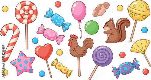 Cute colorful candy sweets collection with lollipops balloons chocolate candy cane heart star and squirrel cartoon flat vector illustration set