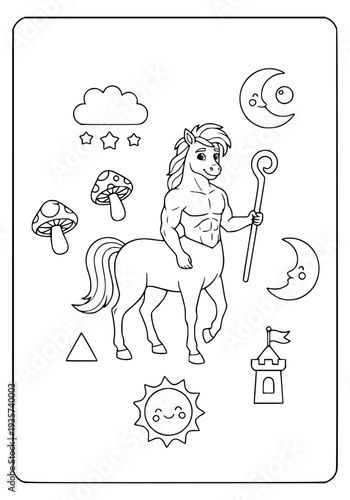  Centaur coloring page with a mythical creature holding a staff near a castle
