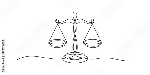 Continuous line art illustration depicting the scales of justice, representing balance and fairness Vector, illustration