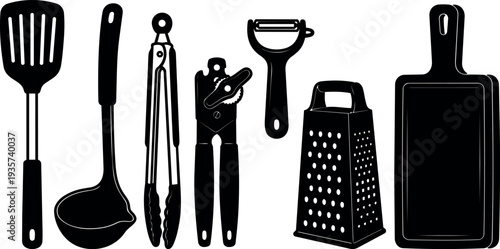 Flat design black silhouette kitchen utensils set with spatula ladle tongs can opener grater cutting board peeler minimal isolated vector