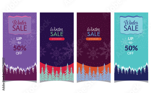 Set of vertical winter sale banners with discount offer and festive elements