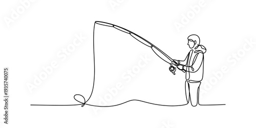A continuous line drawing of a person in a hooded jacket fishing with a bent rod and line Vector, illustration