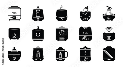 Black and white icons depicting baby bottle warmers and related accessories
