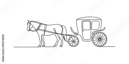 A continuous line art illustration showing a single horse harnessed to a vintage carriage Vector, illustration