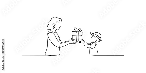Continuous line art of a small child presenting a wrapped gift box to a woman Vector, illustration