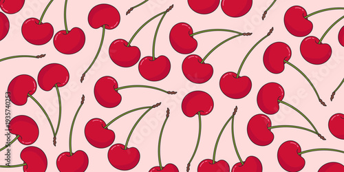 Background with cute red cherries on a soft backdrop. Fresh and playful repeating pattern, perfect for summer designs, textile prints, wrapping paper, packaging, wallpapers, kitchen decor.