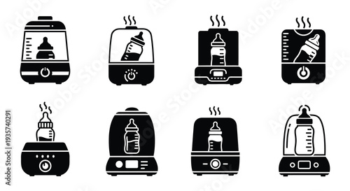 Black and white icons depicting baby bottle warmers and related accessories