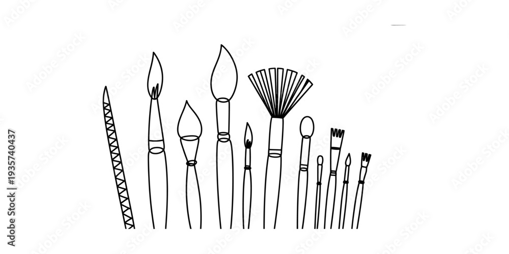 Fototapeta premium A collection of art brushes in a simple black and white line drawing illustration Vector, illustration