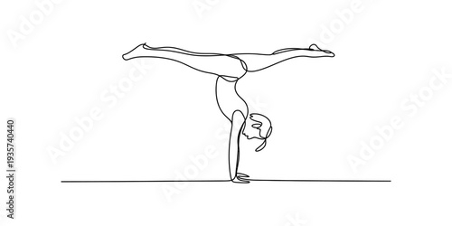 A line art illustration of a person performing a one-handed handstand split on a flat surface. Vector, illustration