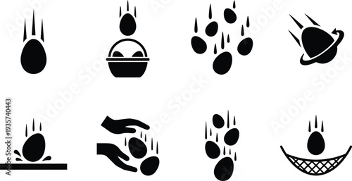 Minimalist vector illustrations of falling eggs in various scenarios and actions