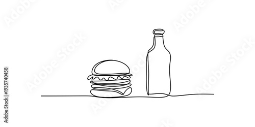 A simple continuous line art drawing of a hamburger and a beverage bottle on a white background. Vector, illustration