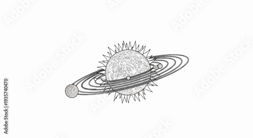 Stylized depiction of a planet with rings and moons orbiting a star