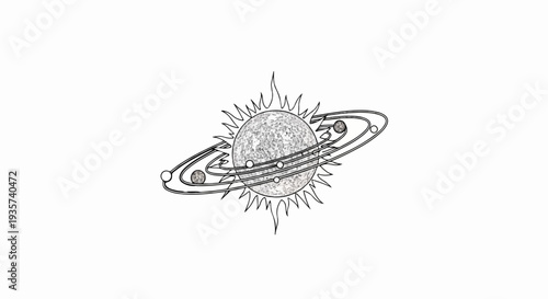 Stylized planet with rings, moons, and a fiery corona