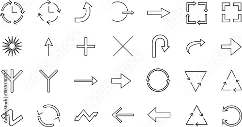 Arrow line icons collection with direction rotation refresh navigation and interface symbols minimal outline vector illustration set