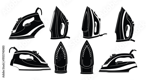 Various perspectives of black and white electric clothing irons displayed
