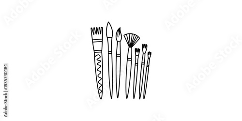 A simple black and white line drawing of various artist paintbrushes for painting and art creation. Vector, illustration